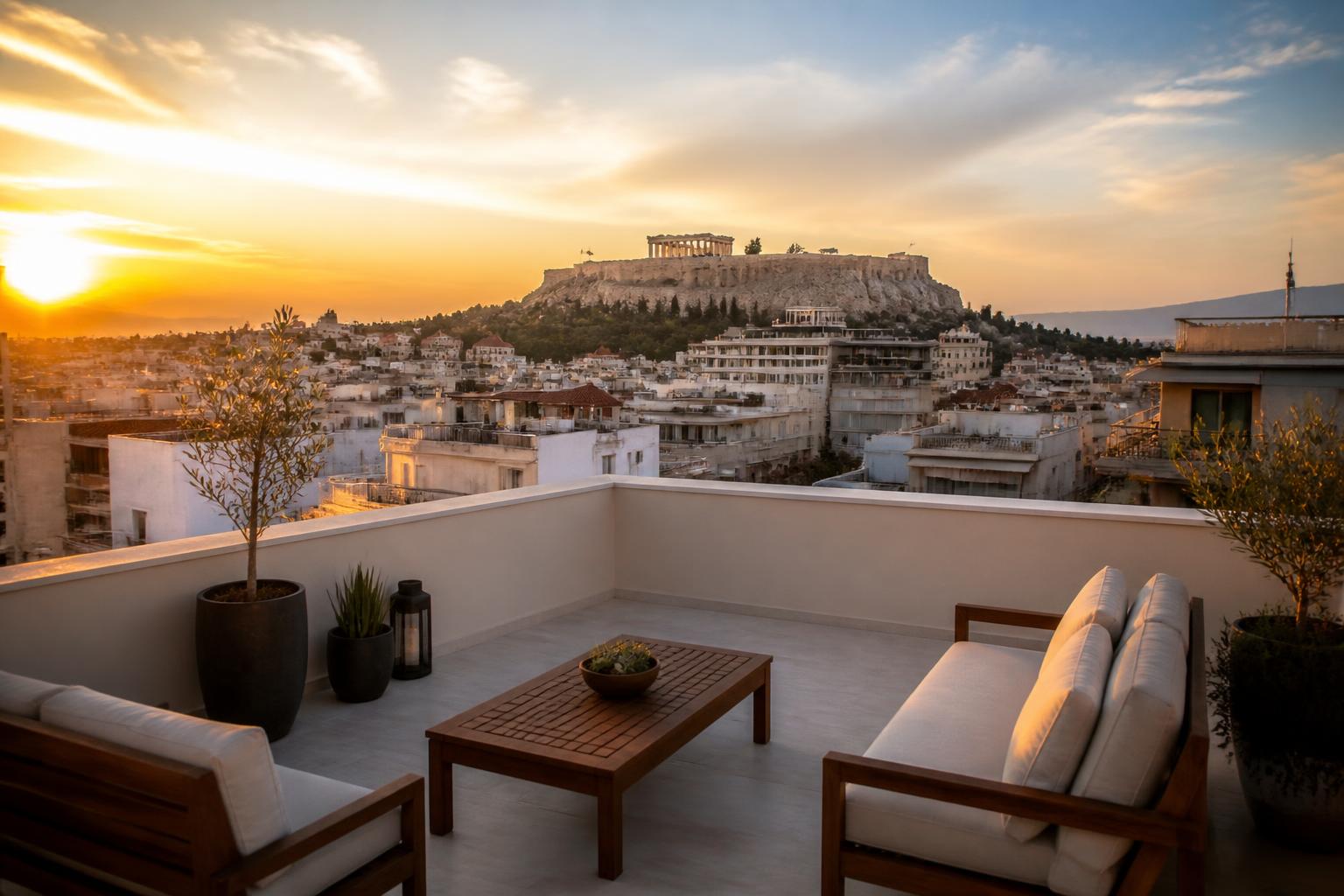 Athens rooftop terrace with a view of the Acropolis at sunset