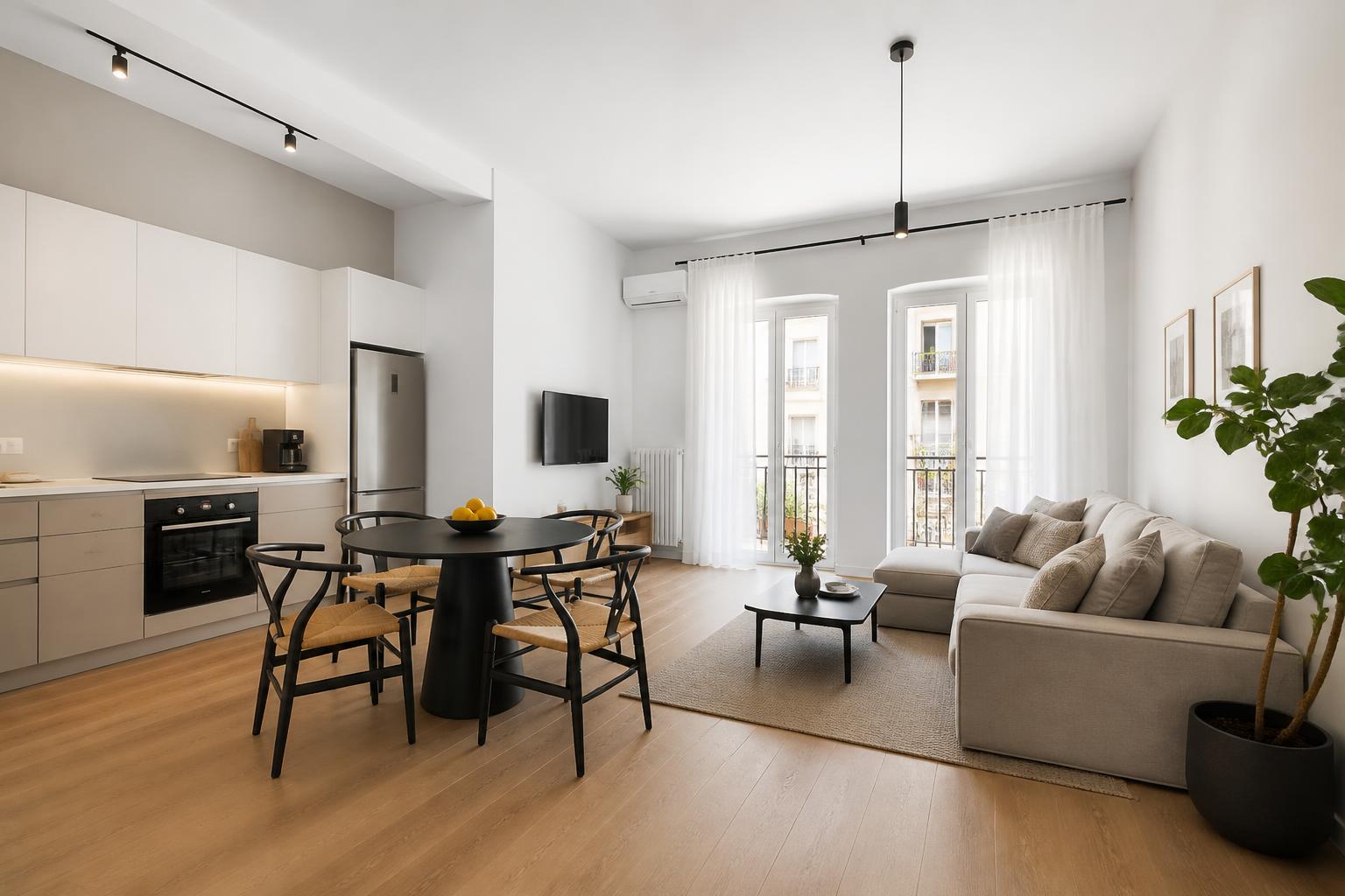 Renovated Athens apartment interior with oak floors and tall balcony doors